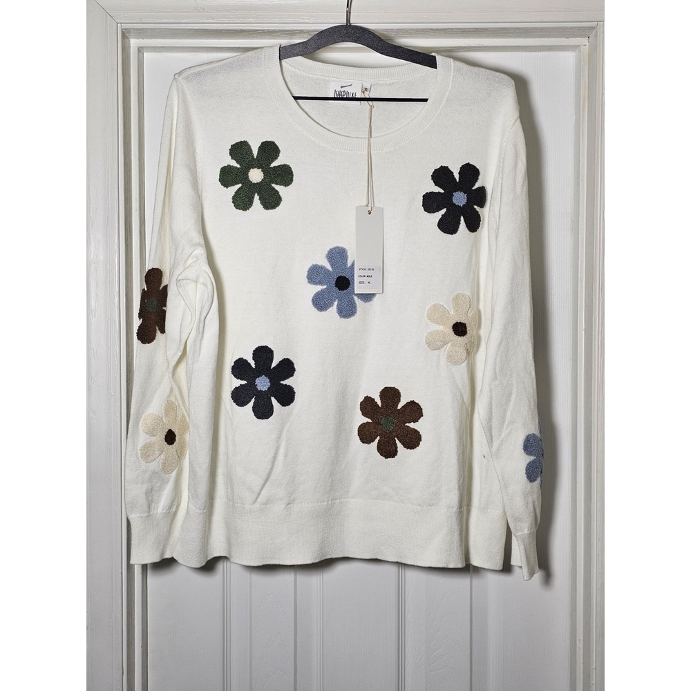 Lolo Luxe Evelyn & Arthur Flower‎ Applique Sweater XL New Cotton Split Side Hem
